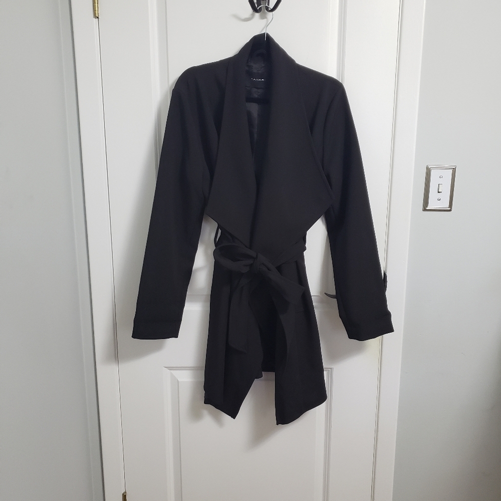 TAHARI Black Open Front Belted Jacket